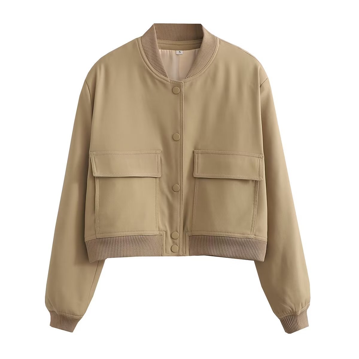 Solid Color Biker Bomber Jacket With Stand-up Collar And Double Pockets