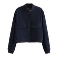 Solid Color Biker Bomber Jacket With Stand-up Collar And Double Pockets