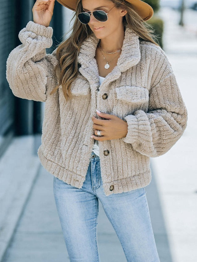 Lapel Bag Cover With Fleece Comfort Casual Women's Thick Plush Coat