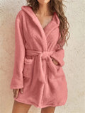 Solid Color Pockets Hooded Teddy Coat, Casual Long Sleeve Faux Fur Belted Outwear, Women's Clothing